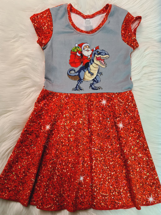 Santa dinosaur glitter christmas dress