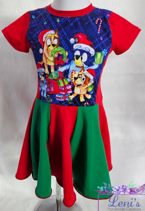 Blue dog family Christmas panel dress