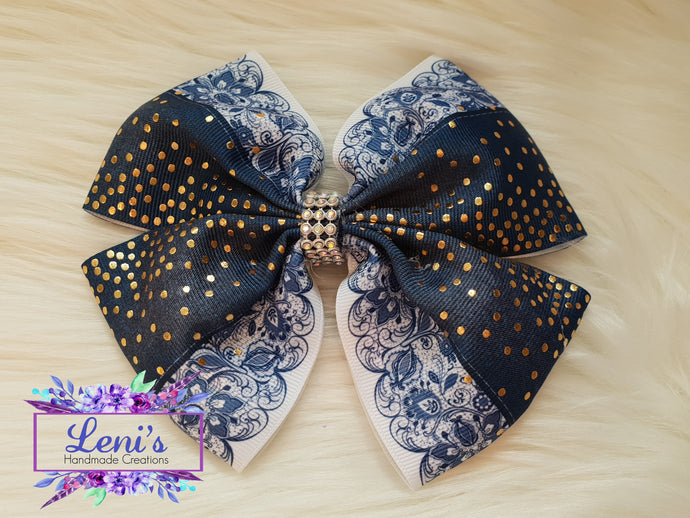 Blue gold dots large bow